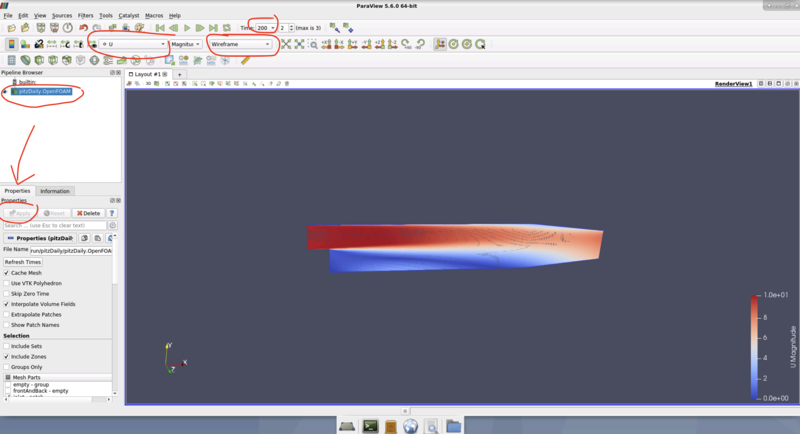 OpenFOAM Case pitzDaily in paraView, wenn blockMesh und simpleFOAM durchgelaufen sind